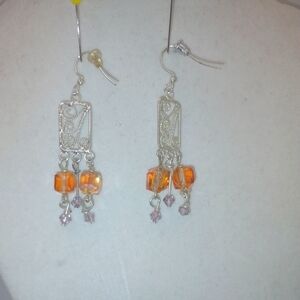 Elegant Silver and Orange Dangle Earrings